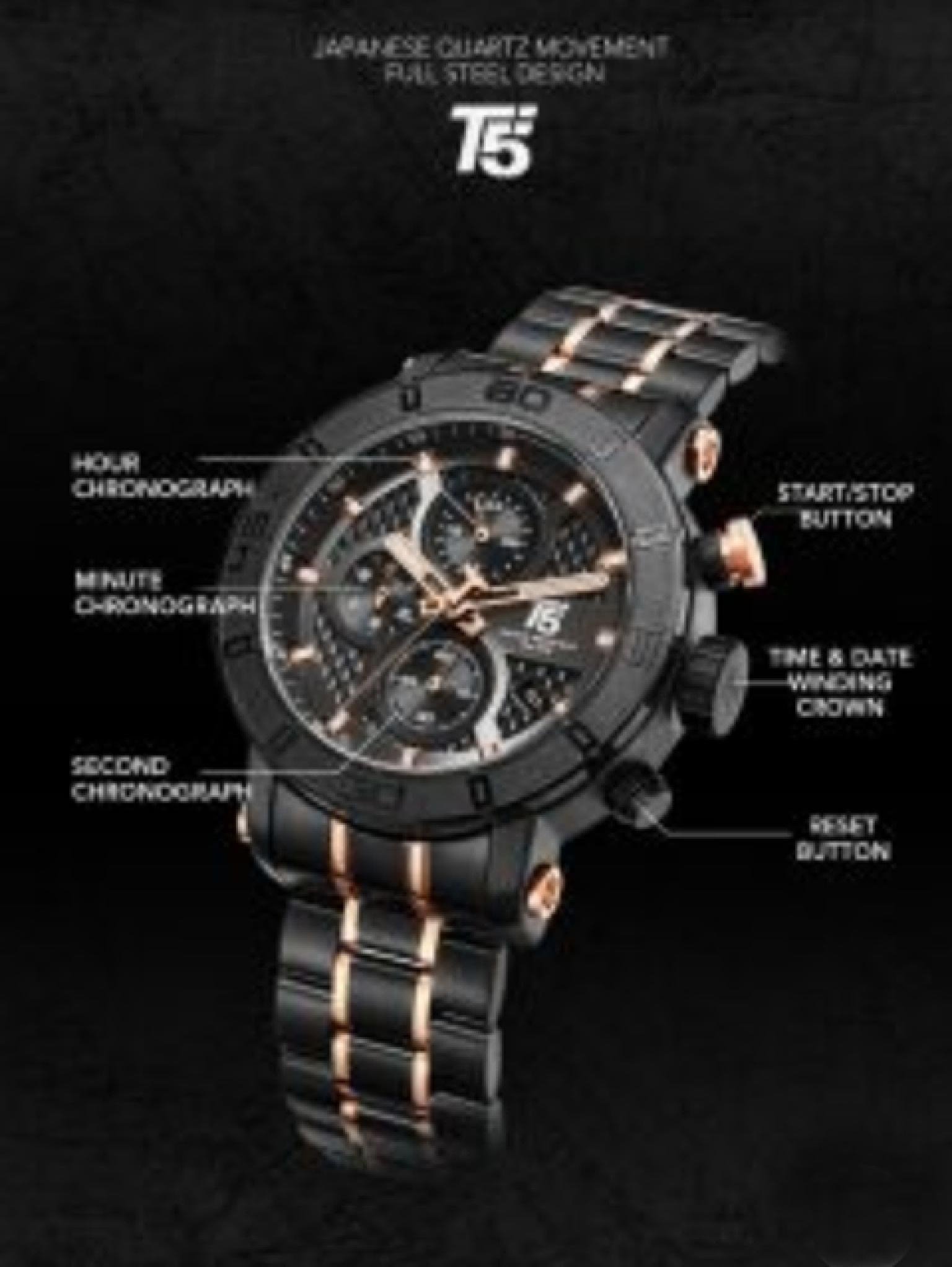 T5 Top Brand Luxury Rose Gold Quartz Chronograph watch Men Mens Waterproof Sport Wristwatches Watch Watches Man T5 watch Original Brand watch Original Watch